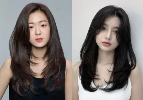 Tóc dài duỗi cụp rẽ ngôi giữa cho mặt tròn béo