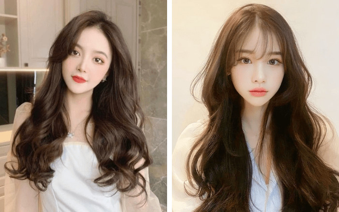 Tóc gợn sóng nước kết hợp mái bay cho gương mặt dài thon gọn