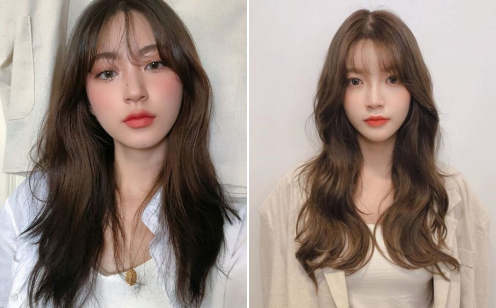Tóc hai mái dài bồng bềnh ôm sát gương mặt, tạo cảm giác thon gọn và mềm mại