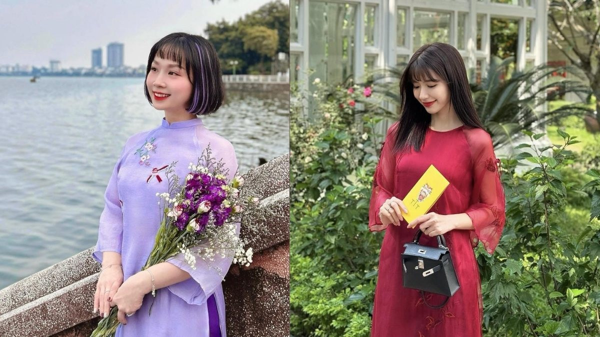 Tóc mái thưa trẻ trung kết hợp với áo dài