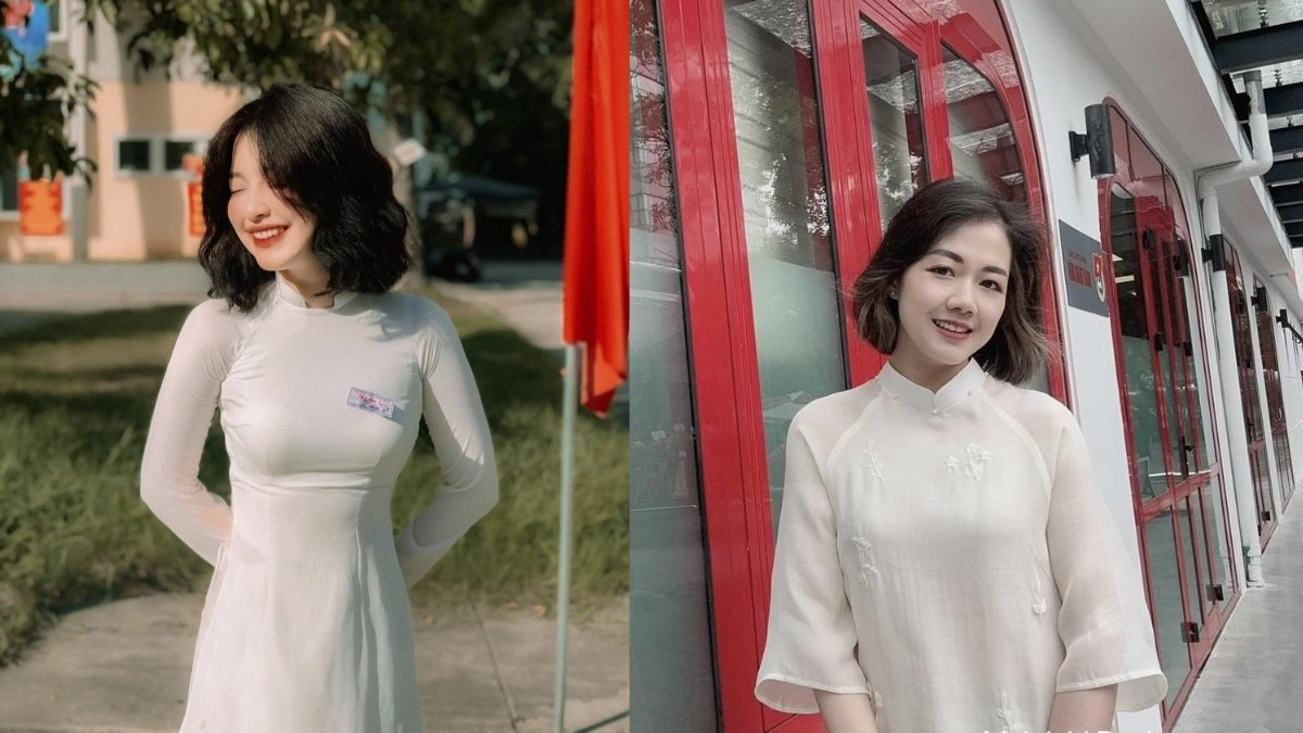 Tóc ngắn ngang vai xoăn nhẹ bồng bềnh kết hợp áo dài