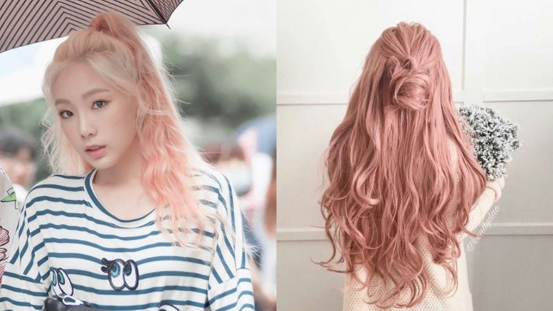 Tóc sóng nhỏ nhuộm hồng pastel buộc nửa đầu tạo vẻ ngọt ngào