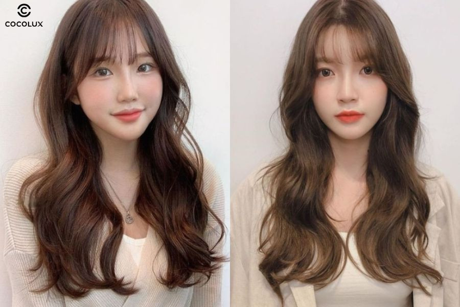 Tóc uốn lọn đuôi cụp nhẹ kết hợp mái thưa mang đến diện mạo dịu dàng, chuẩn style Hàn