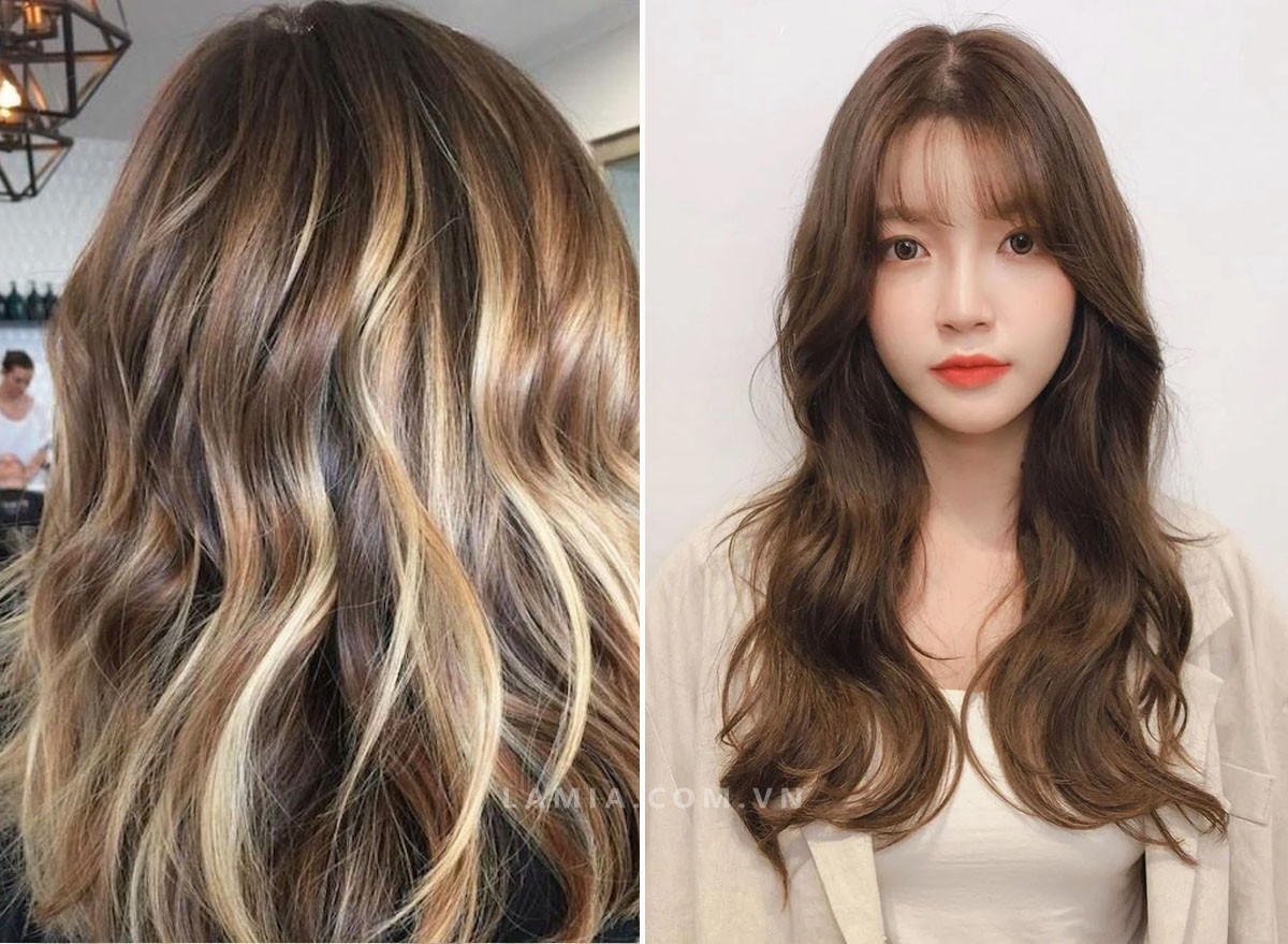 Tóc xoăn sóng lơi nhuộm highlight