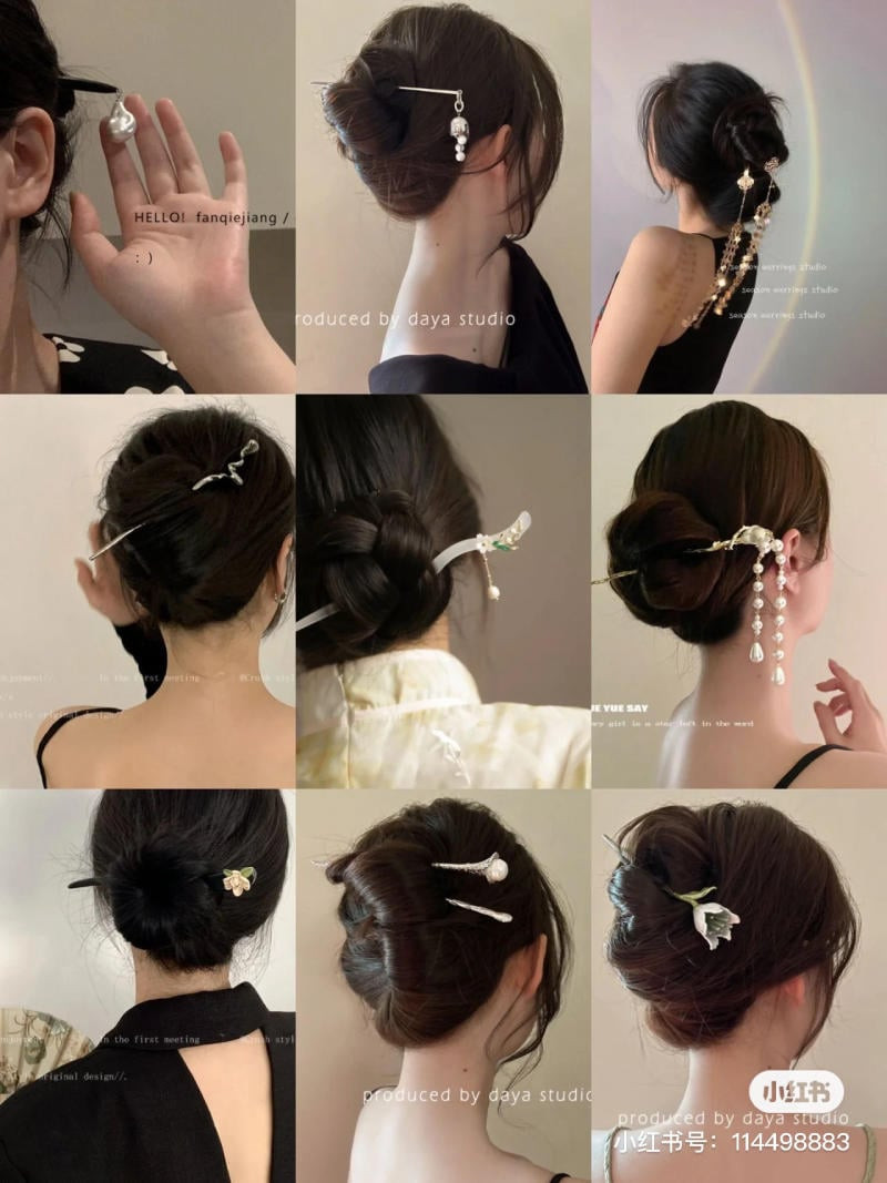 Mô tả ảnh: Kiểu tóc búi thanh lịch được trang trí bằng trâm cài tóc