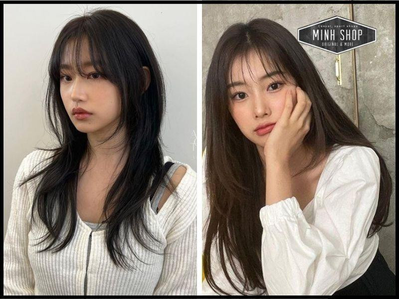 Mô tả mái tóc dài với phần mái thưa nhẹ nhàng theo phong cách Hàn Quốc